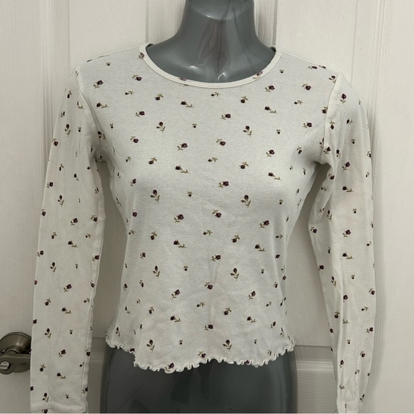 White and Purple Flower Long Sleeve Crop Top, Sz S - Picture 1 of 6